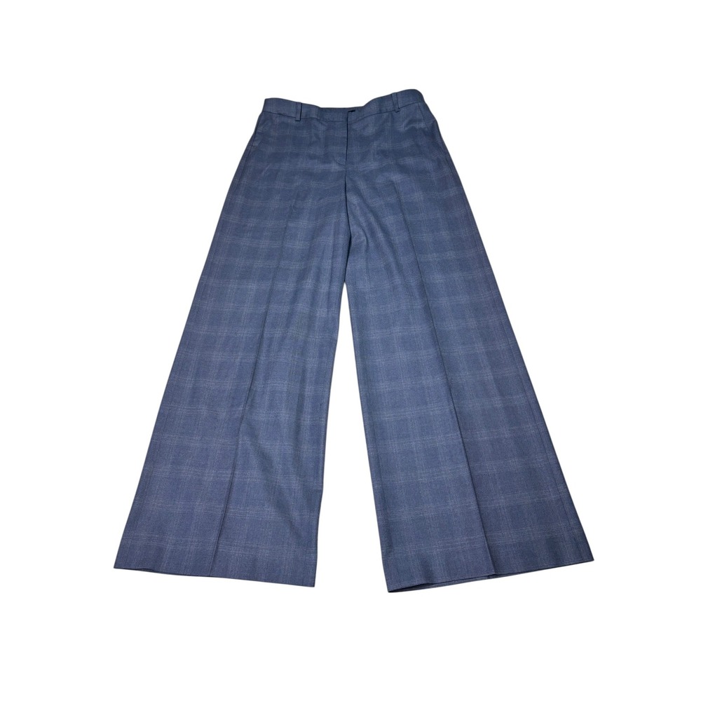 Brooks Brothers Navy Plaid Wool Silk Blend Wide-Leg Trousers